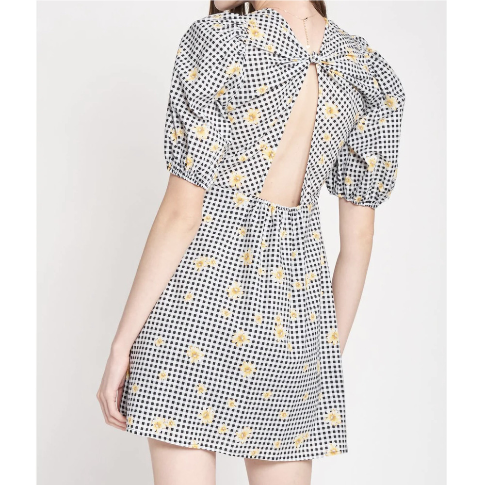 NWT En Saison Cotton Puff Sleeve Gingham Floral Twisted Open Details Mini Dress